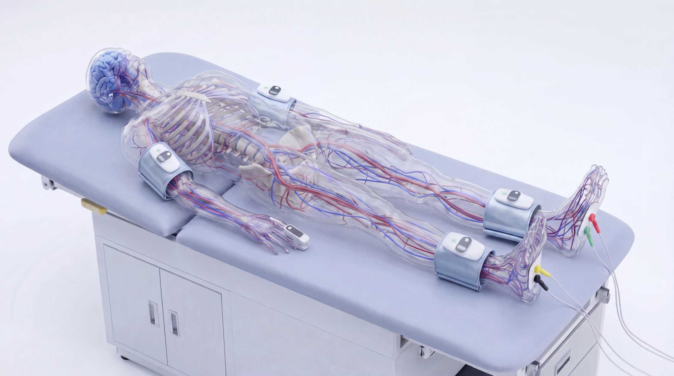 TM-Flow System set up for a patient session: arm cuff, ankle cuffs, GSR pads and finger pulse oximeter.