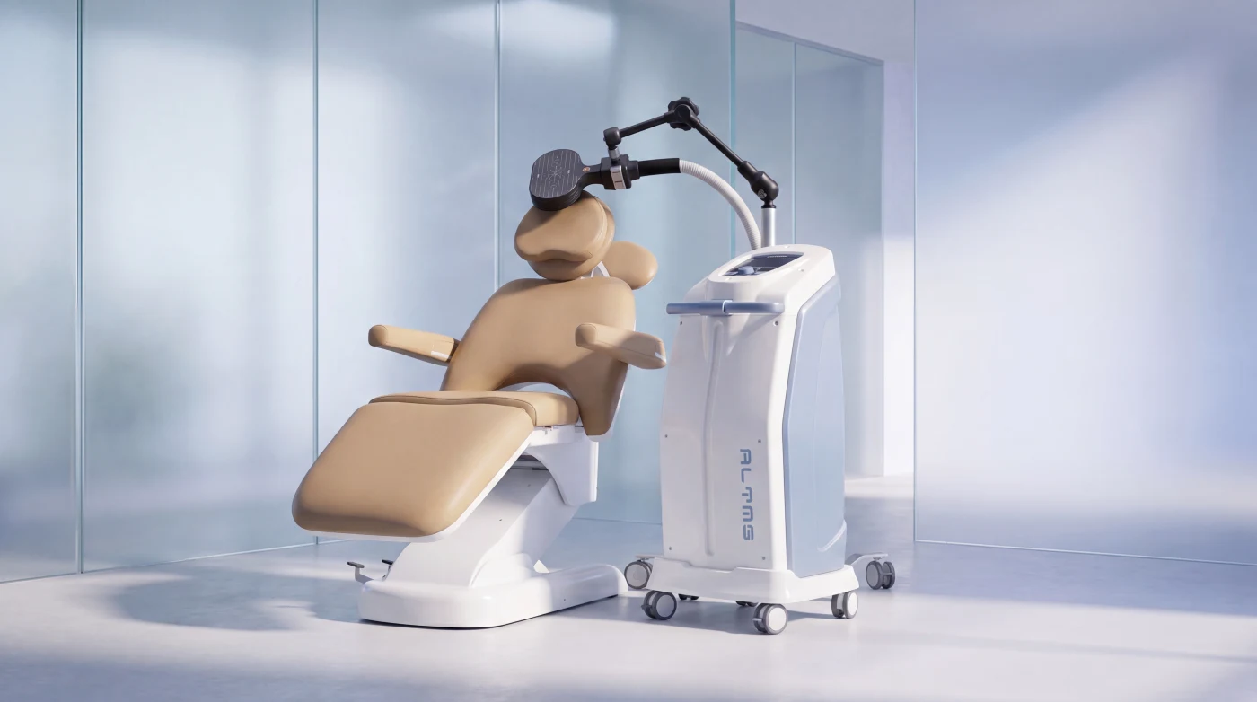 ALTMS Blossom TMS therapy chair and console in the Sand finish.