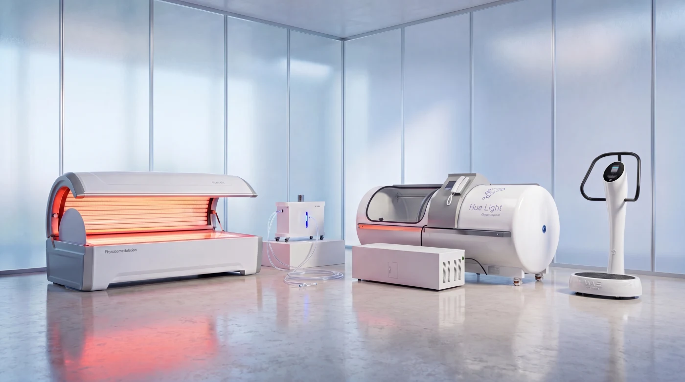 The Hue Light USA BAHI suite: photobiomodulation bed, hydrogen inhalation, hyperbaric chamber and whole-body vibration platform.