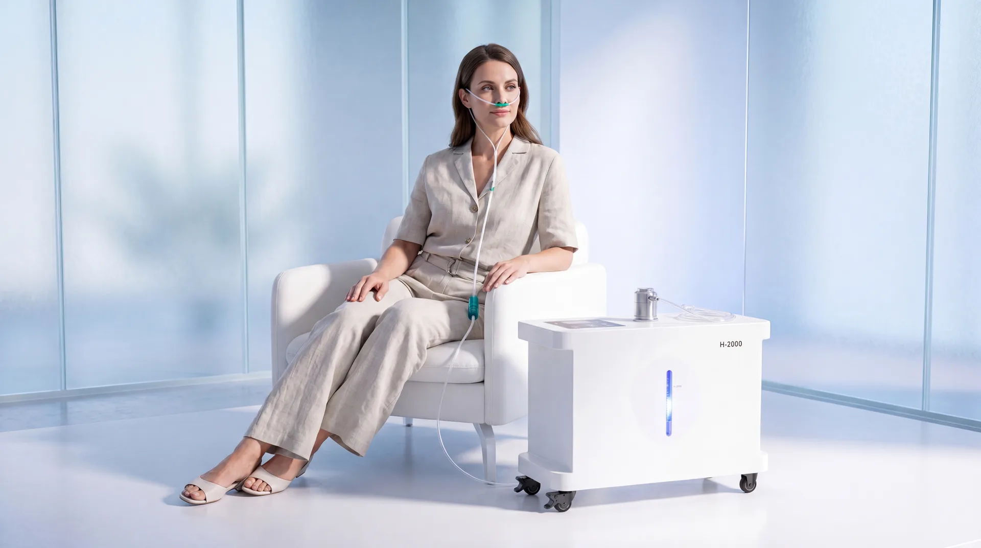 A seated patient using the Hue Light H-2000 with the nasal cannula during a hydrogen inhalation session, the console resting on the floor beside the chair