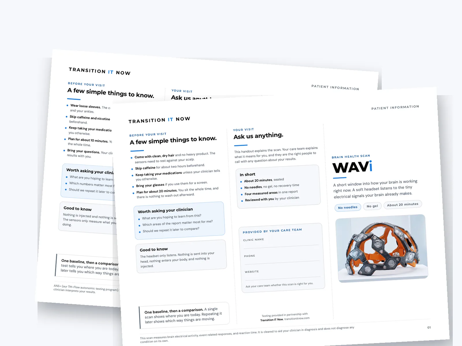 TITN patient trifolds for TM-Flow and WAVi with the clinic name, phone and website fields left for your practice