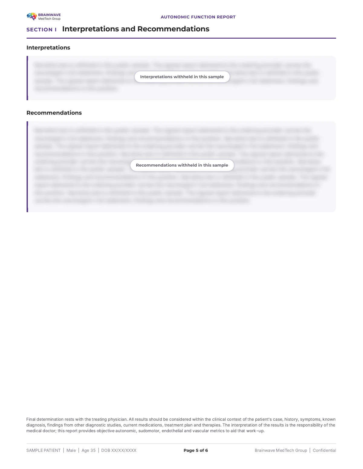 BMTG Autonomic Function Report, page 5 of 6, de-identified