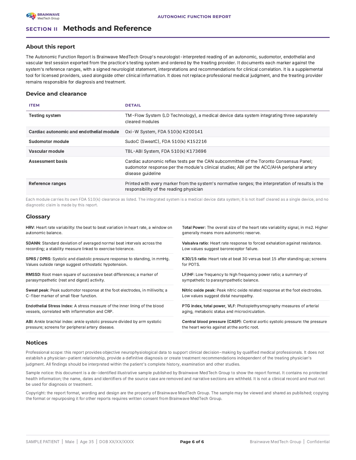 BMTG Autonomic Function Report, page 6 of 6, de-identified