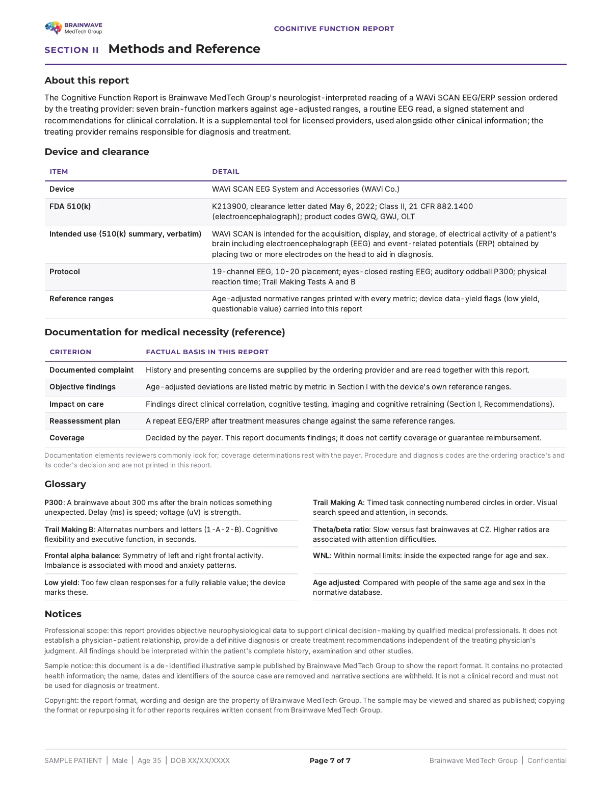 BMTG Cognitive Function Report, page 7 of 7, de-identified