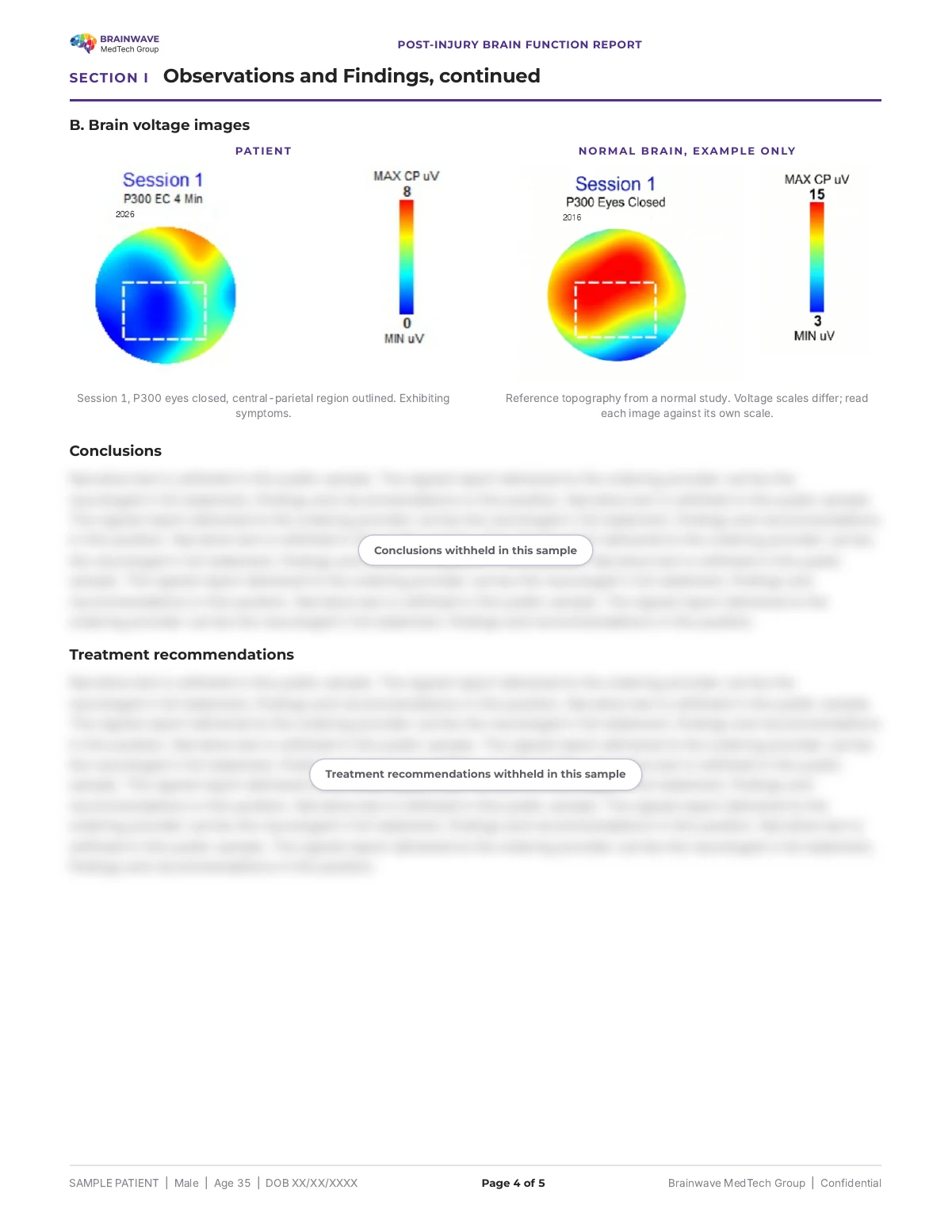 BMTG Post-Injury Brain Function Report, page 4 of 5, de-identified