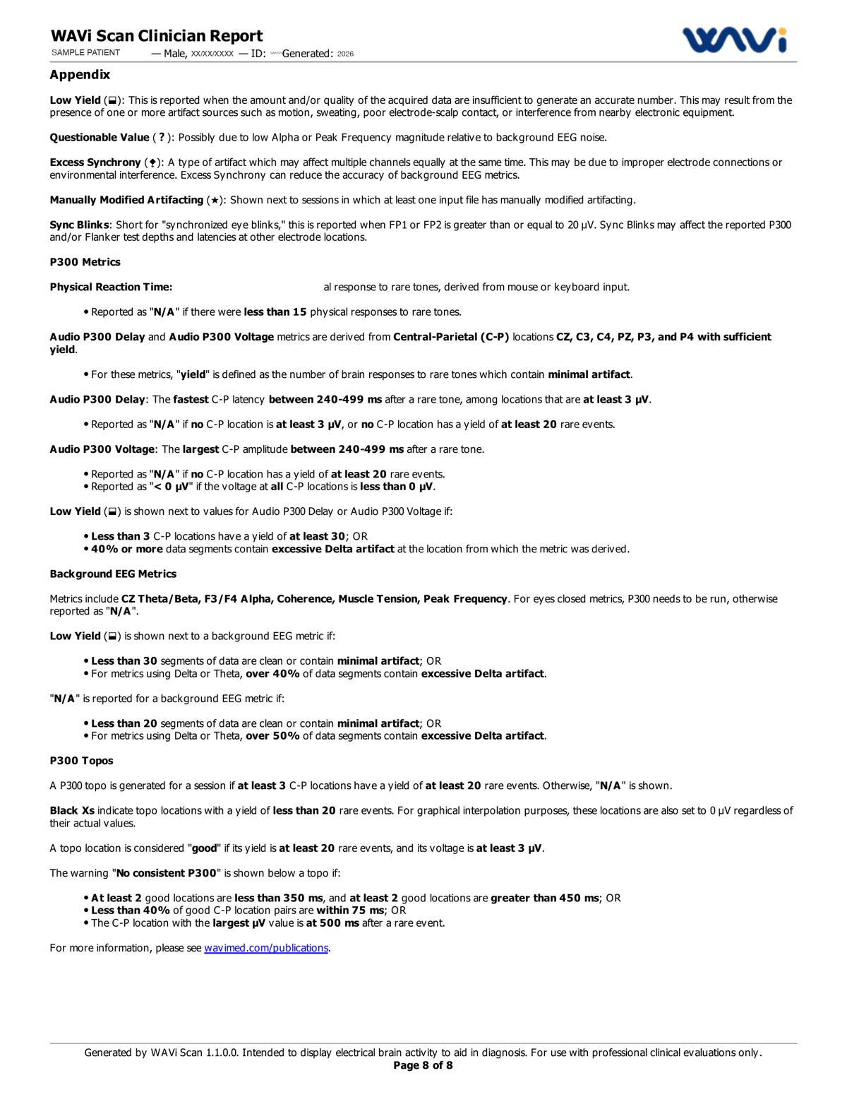 WAVi Scan clinician report, page 8 of 8, de-identified